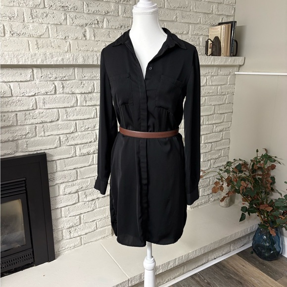 H&M Black Mini Dress. Black hidden front button down. Gold accent cuff buttons - Picture 4 of 8